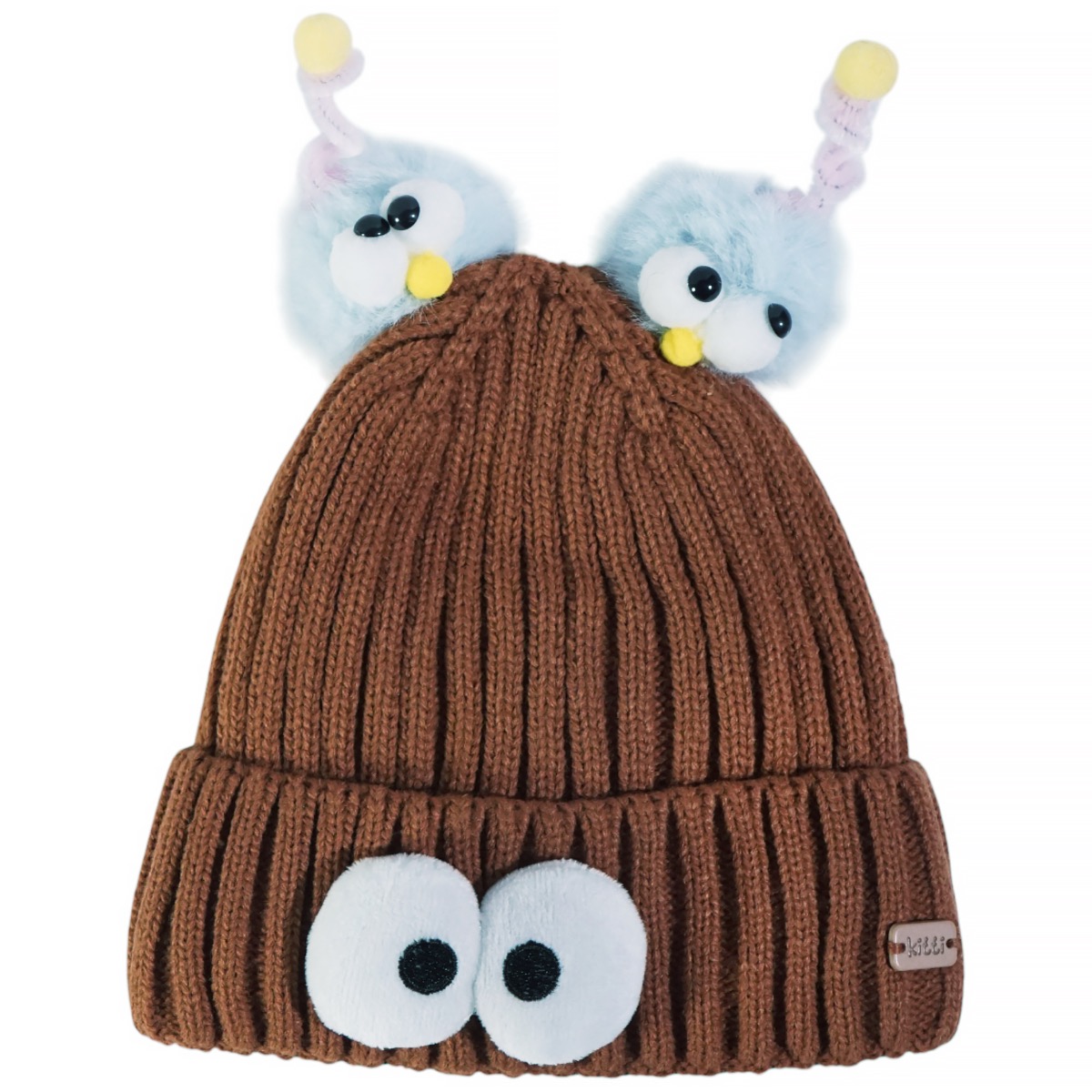 Καφέ σκούφος Kitti για αγόρι με απλικέ ματάκια και λούτρινα