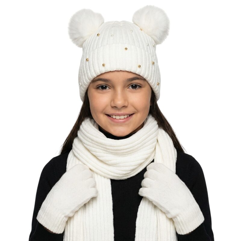 Kitti πλεκτό σετ σκούφος-κασκόλ-γάντια «Ecru Pearls»
