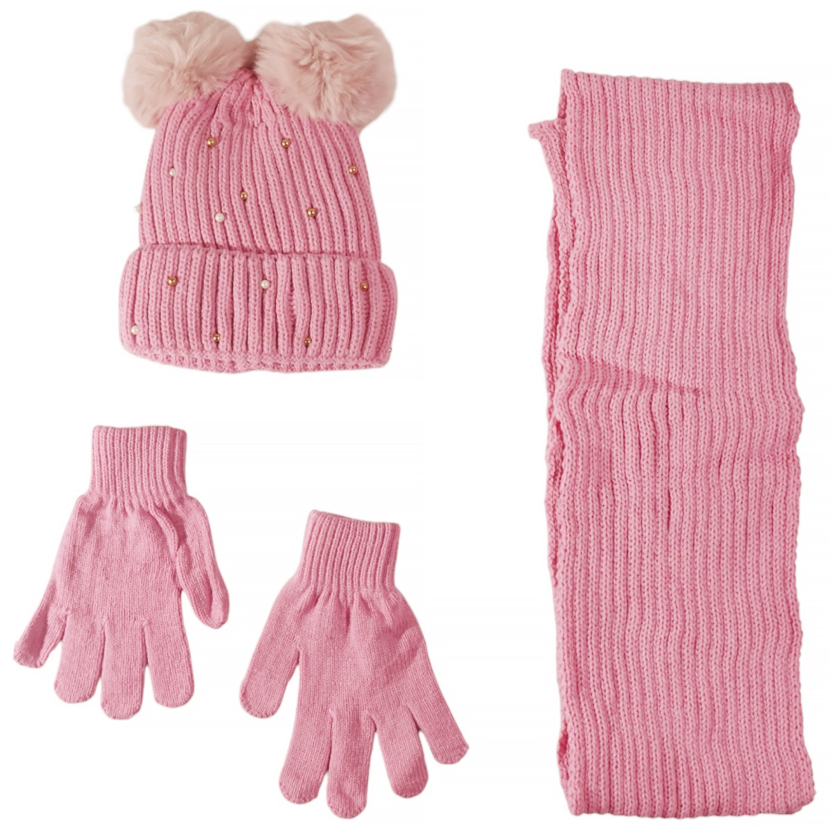 Kitti πλεκτό σετ για κορίτσι ροζ με σκούφο, κασκόλ και γάντια