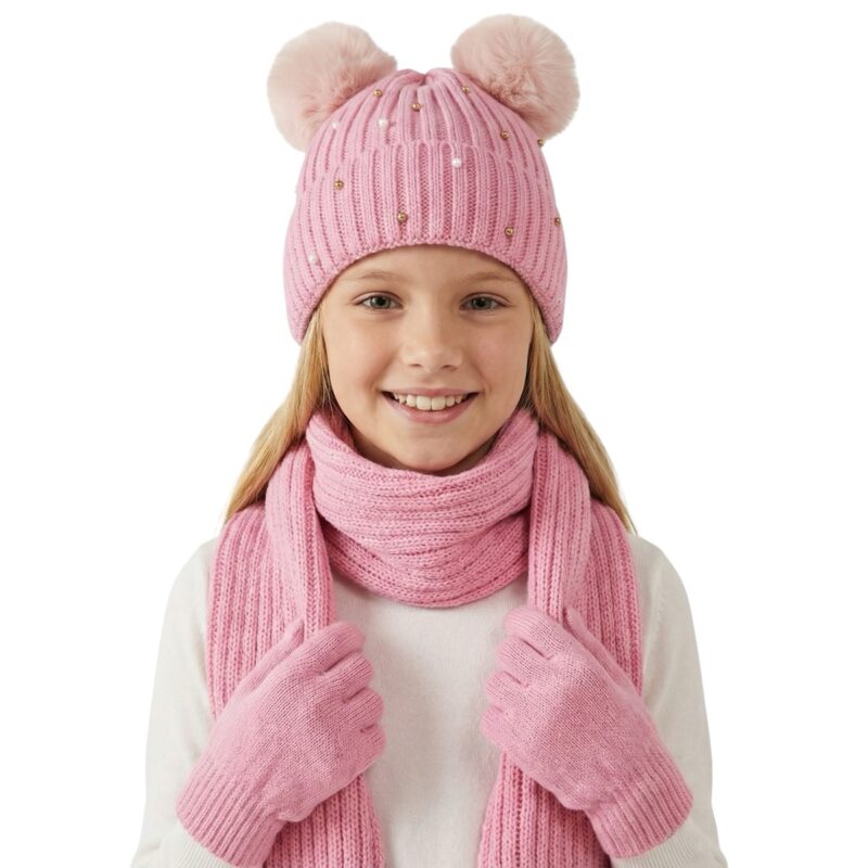 Kitti πλεκτό σετ σκούφος-κασκόλ-γάντια «Pink Pearls»