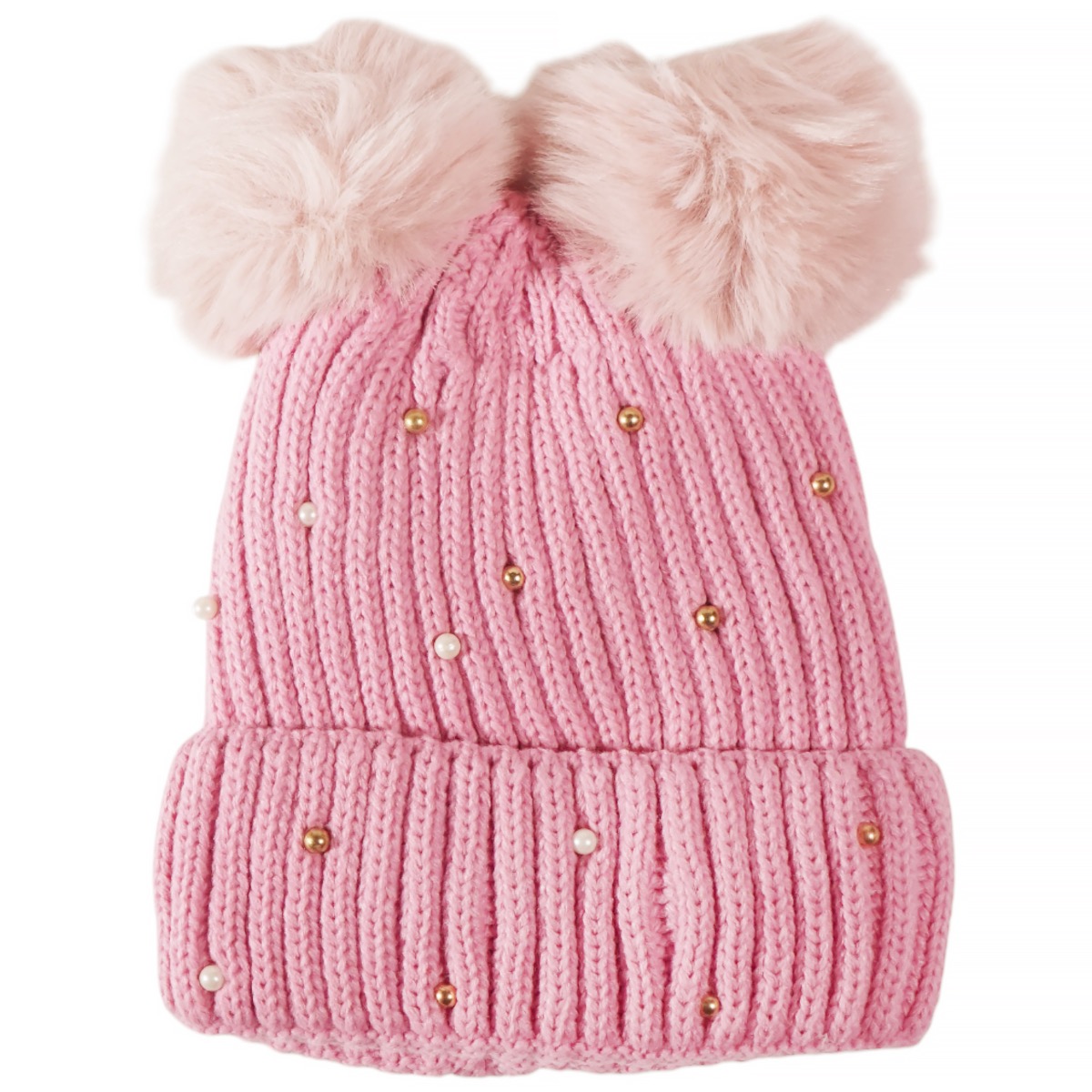Ροζ σκούφος Kitti για κορίτσι με πέρλες και φουντίτσες