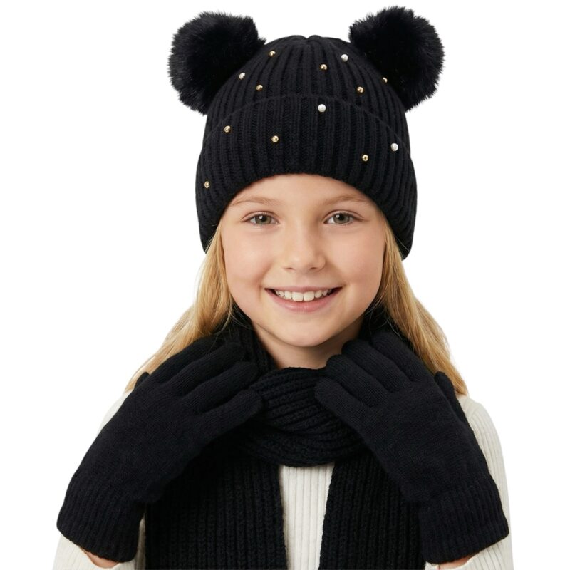 Kitti πλεκτό σετ σκούφος-κασκόλ-γάντια «Black Pearls»