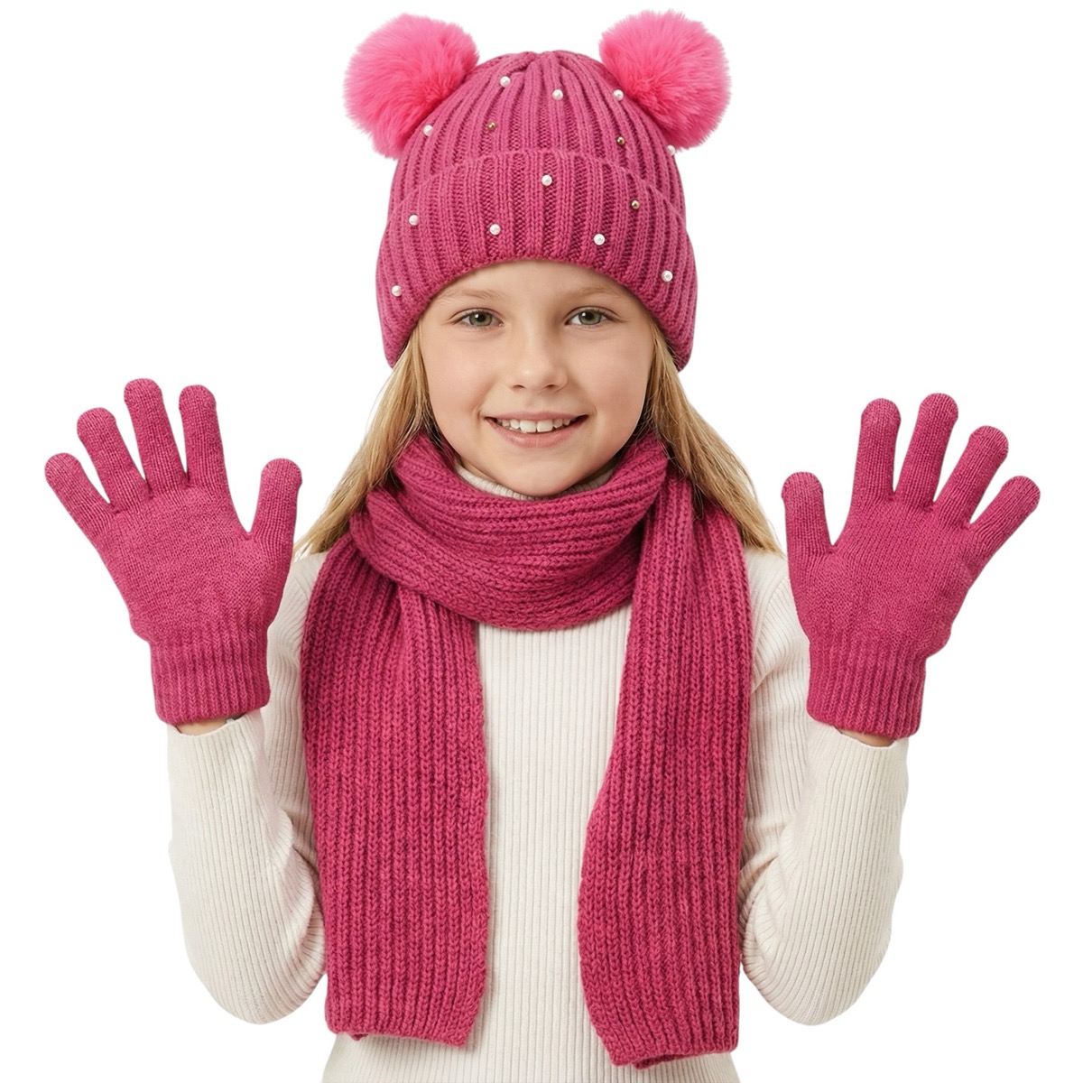 Kitti πλεκτό σετ σκούφος-κασκόλ-γάντια «Fuchsia Pearls»