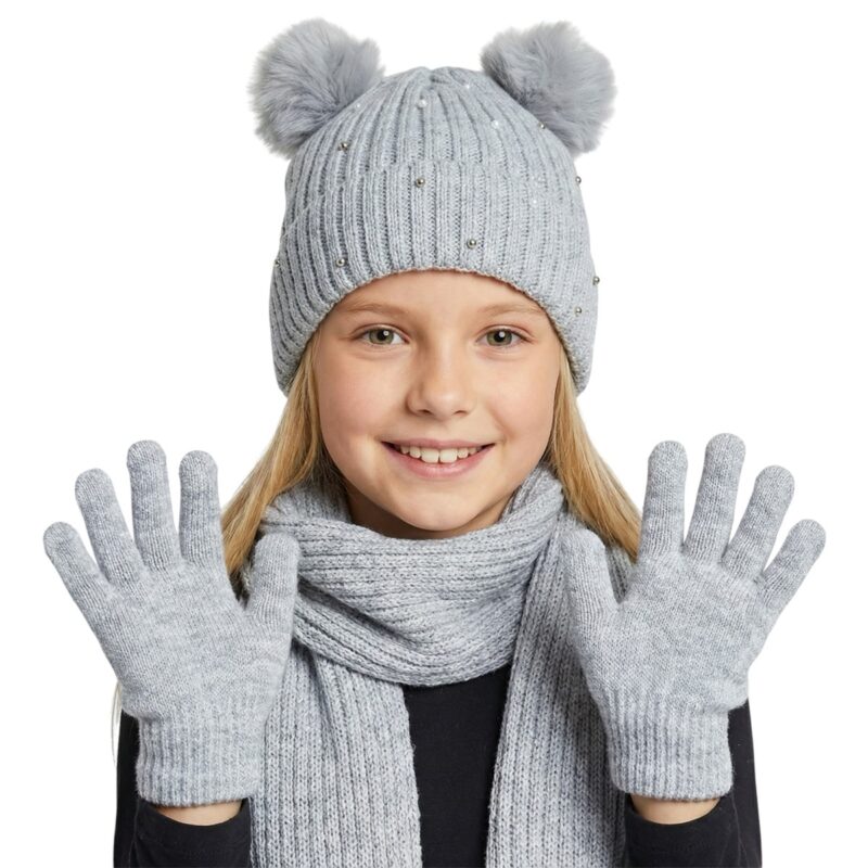 Kitti πλεκτό σετ σκούφος-κασκόλ-γάντια «Grey Pearls»