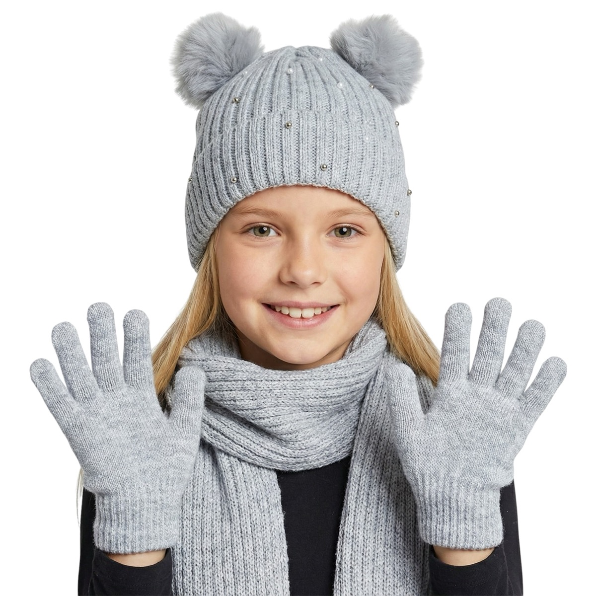 Kitti πλεκτό σετ σκούφος-κασκόλ-γάντια «Grey Pearls»