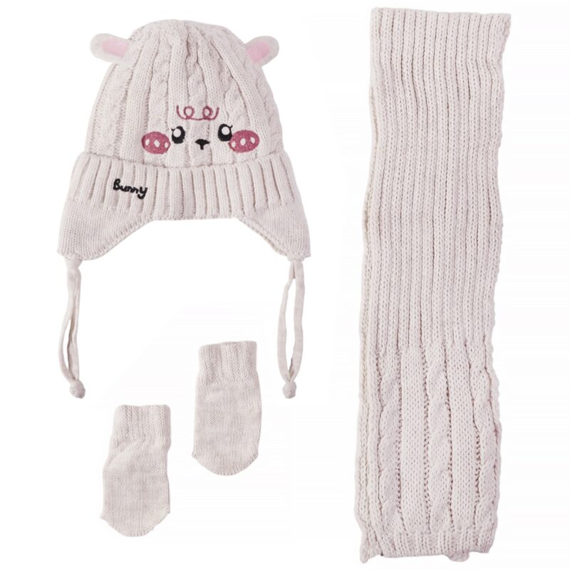 Recos πλεκτό σετ για κορίτσι μπεζ με σκούφο, κασκόλ και γάντια