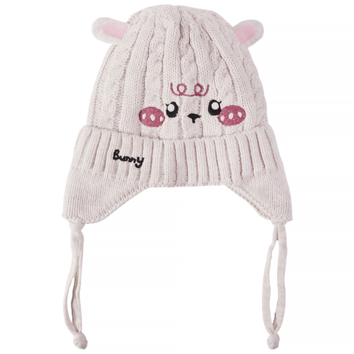 Μπεζ σκούφος Recos για κορίτσι με κέντημα και αυτάκια