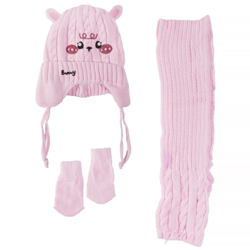 Recos πλεκτό σετ για κορίτσι ροζ με σκούφο, κασκόλ και γάντια
