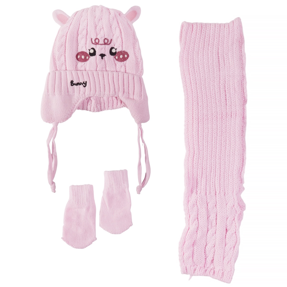 Recos πλεκτό σετ για κορίτσι ροζ με σκούφο, κασκόλ και γάντια