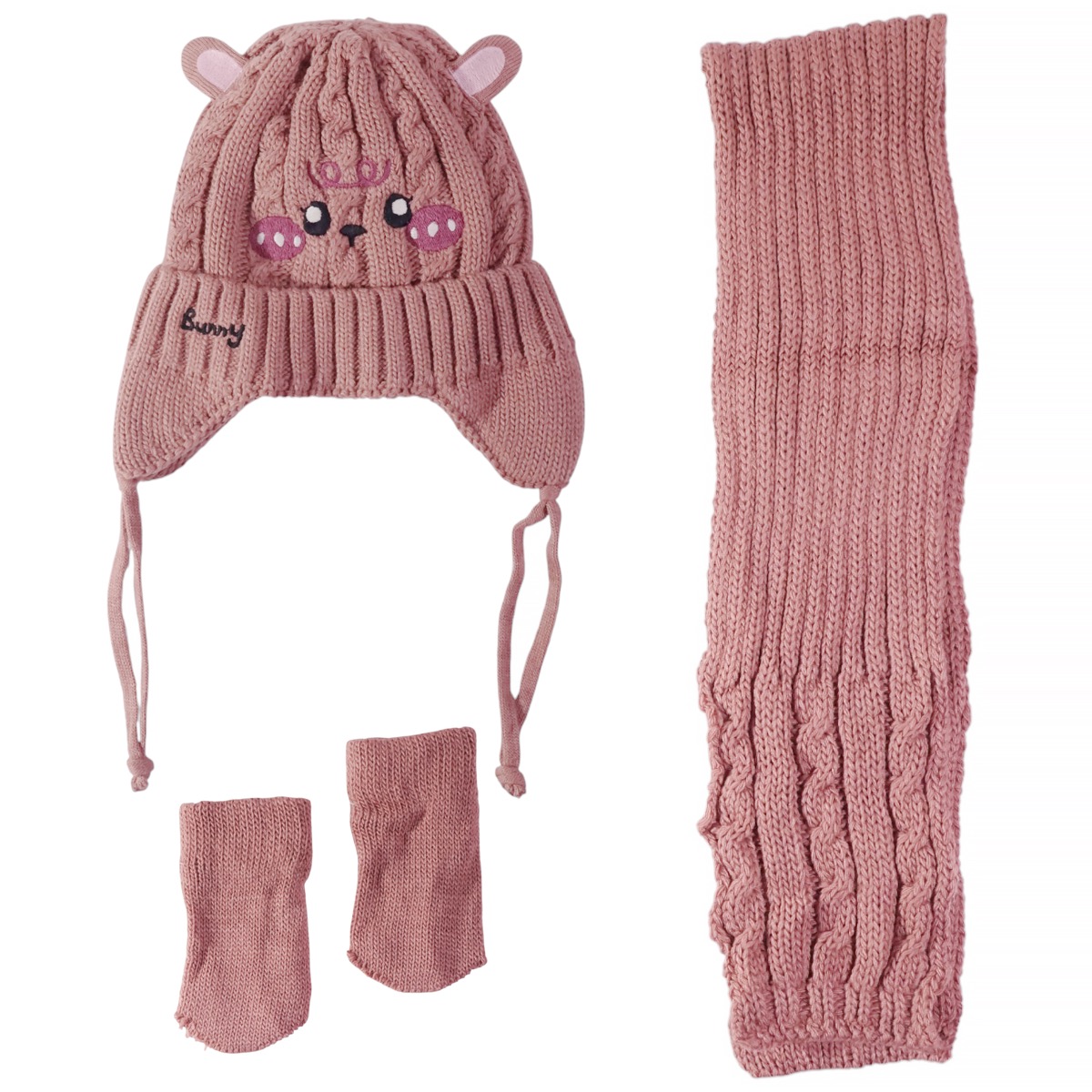 Recos πλεκτό σετ για κορίτσι καφέ με σκούφο, κασκόλ και γάντια