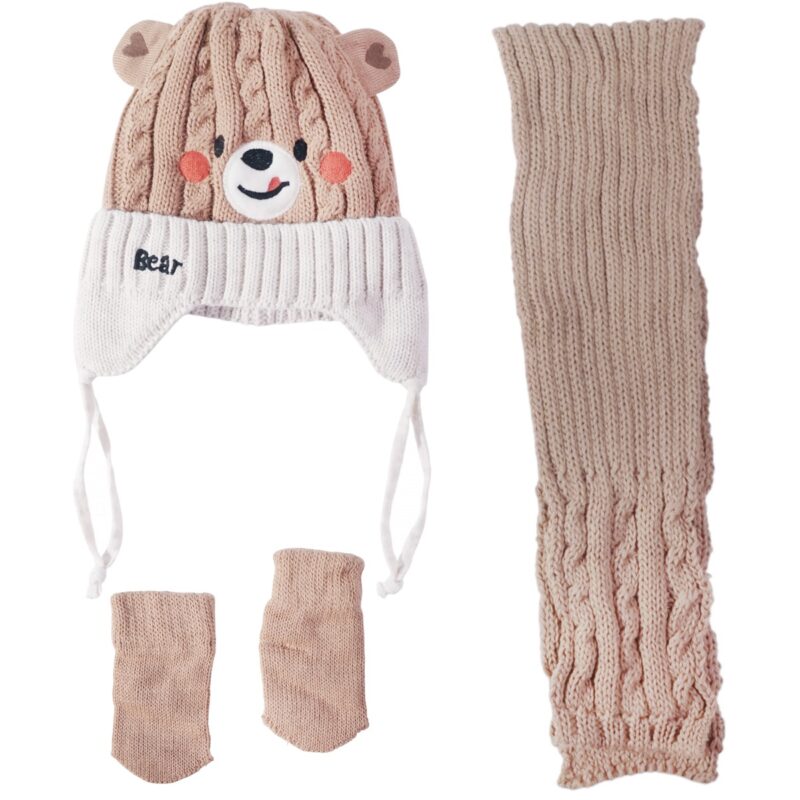 Recos πλεκτό σετ για αγόρι καφέ με σκούφο, κασκόλ και γάντια