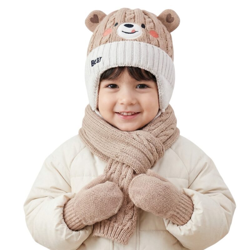 Recos πλεκτό σετ σκούφος-κασκόλ-γάντια «Brown Teddy»