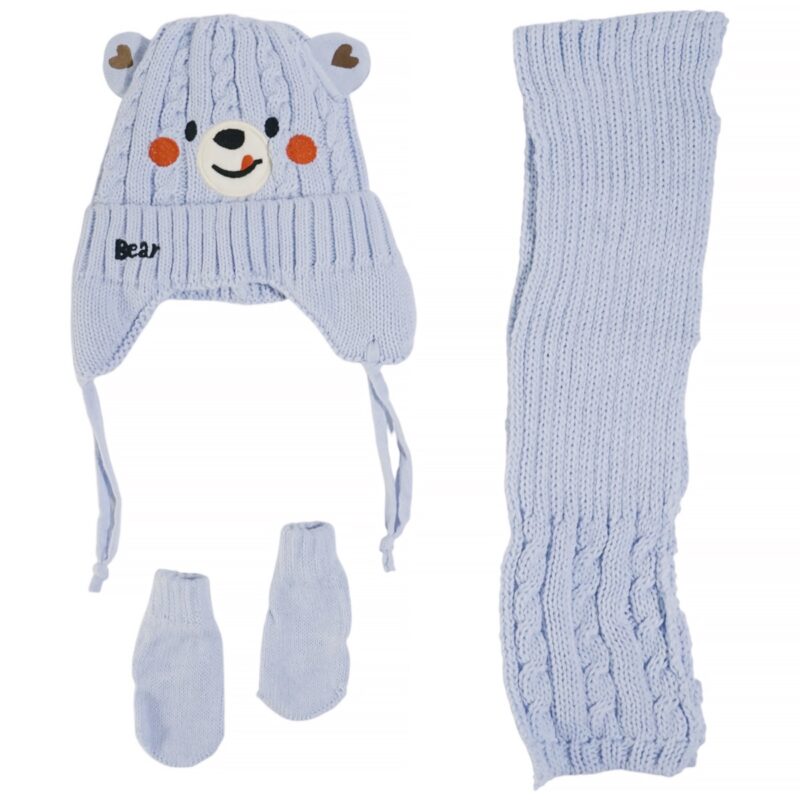 Πλεκτό σετ Recos γαλάζιο για αγόρια με σκούφο, κασκόλ και γάντια
