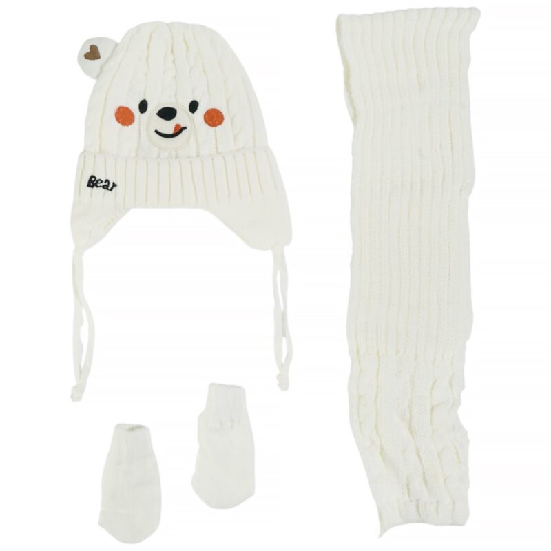 Πλεκτό σετ Recos εκρού για αγόρι με σκούφο, κασκόλ και γάντια