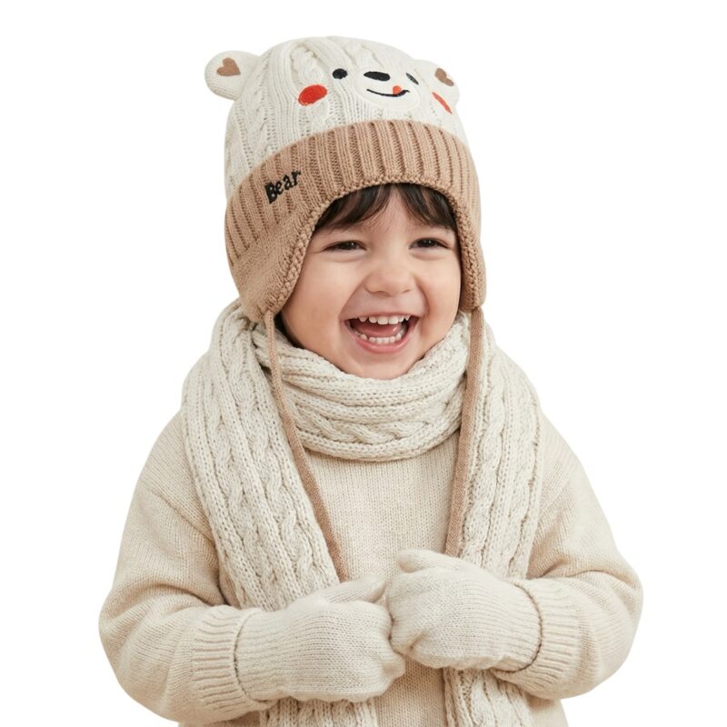 Recos πλεκτό σετ σκούφος-κασκόλ-γάντια «Beige Teddy»