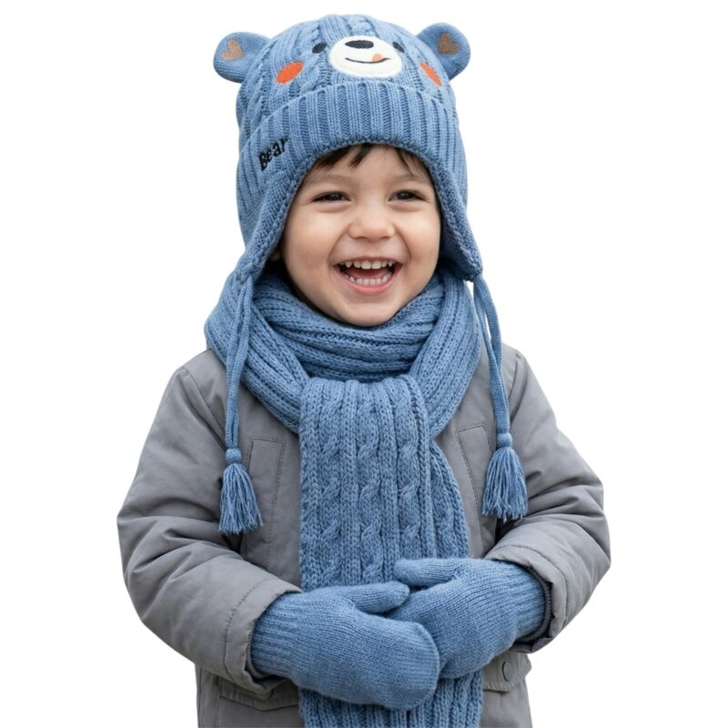 Recos πλεκτό σετ σκούφος-κασκόλ-γάντια «Blue Teddy»