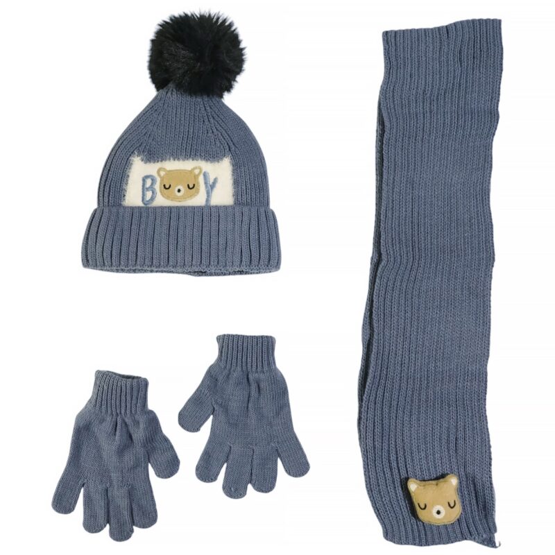 Πλεκτό σετ Recos μπλε με σκούφο φούντα για αγόρια