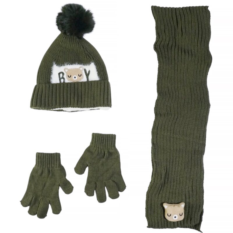 Πλεκτό σετ Recos λαδί με σκούφο φούντα για αγόρια