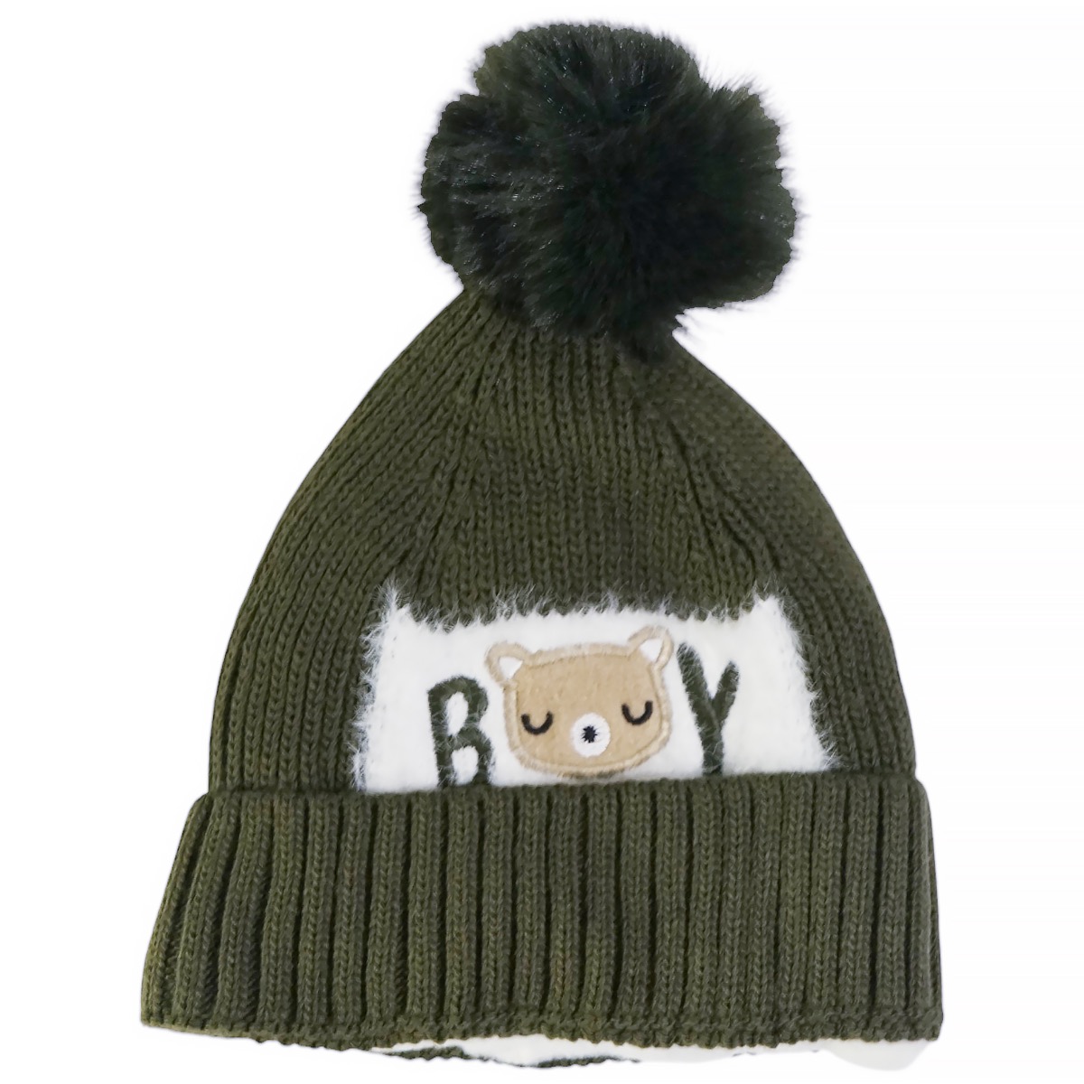 Σκούφος Recos λαδί με μεγάλη φούντα και διακοσμητικό απλικέ