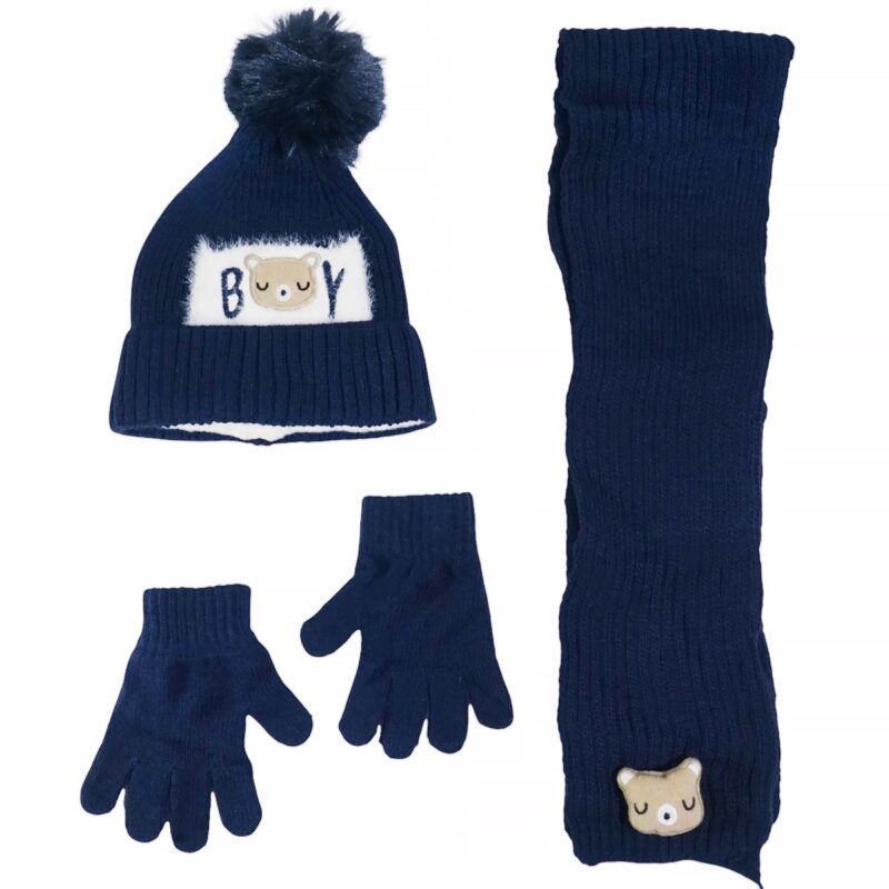 Σκούρο μπλε πλεκτό σετ Recos με σκούφο φούντα για αγόρια