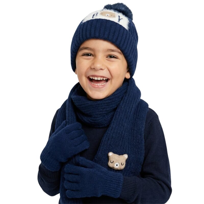 Recos πλεκτό σετ σκούφος-κασκόλ-γάντια «Dark Blue Boy»