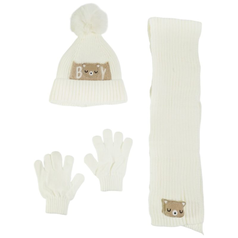 Rekos πλεκτό σετ εκρού με σκούφο φούντα για αγόρια