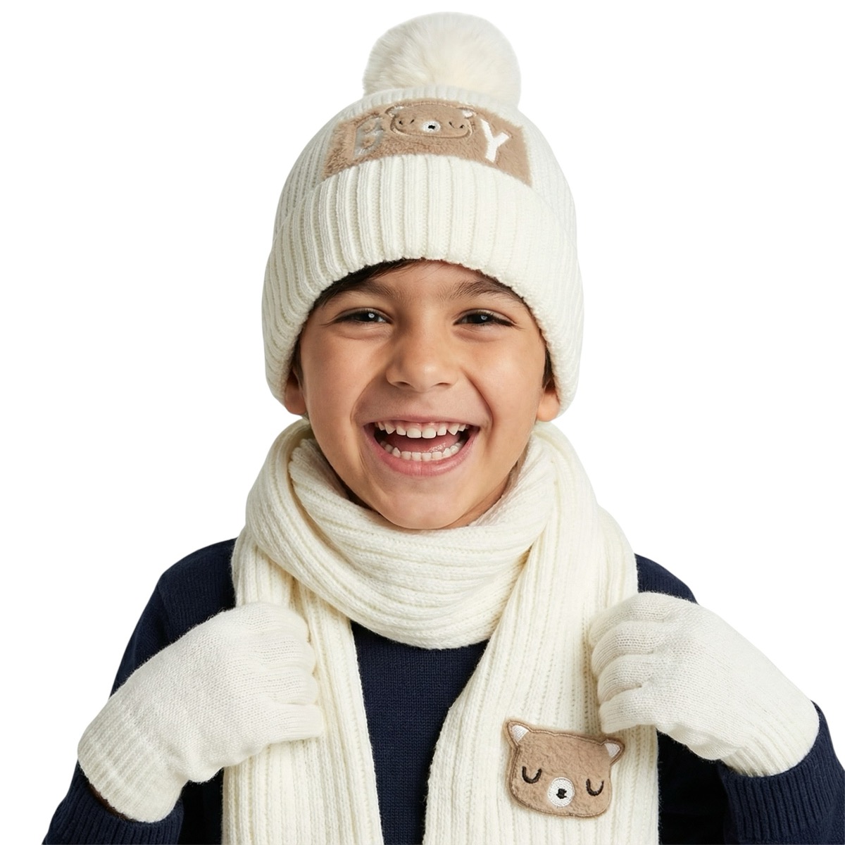 Recos πλεκτό σετ σκούφος-κασκόλ-γάντια «Ecru Boy»
