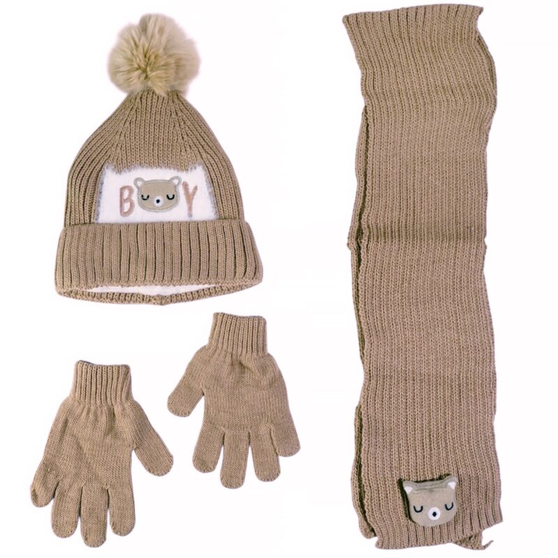Recos πλεκτό σετ καφέ για αγόρι, σκούφος-κασκόλ-γάντια