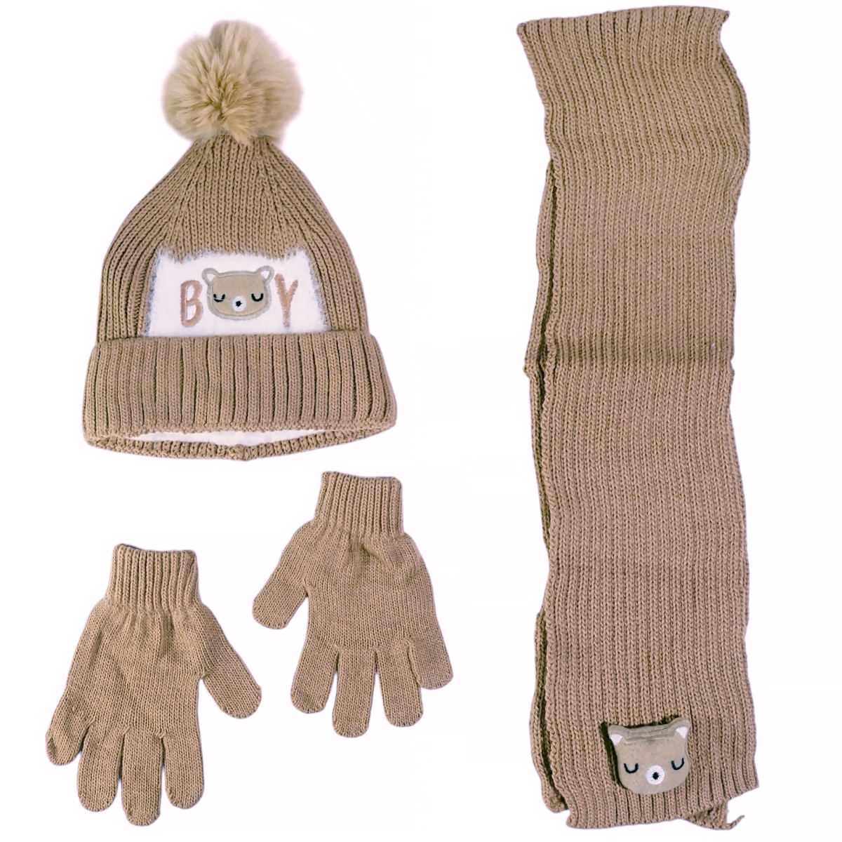 Recos πλεκτό σετ καφέ για αγόρι, σκούφος-κασκόλ-γάντια