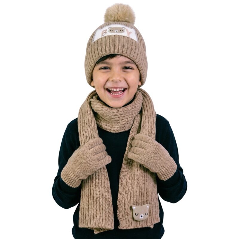 Recos πλεκτό σετ σκούφος-κασκόλ-γάντια «Brown Boy»