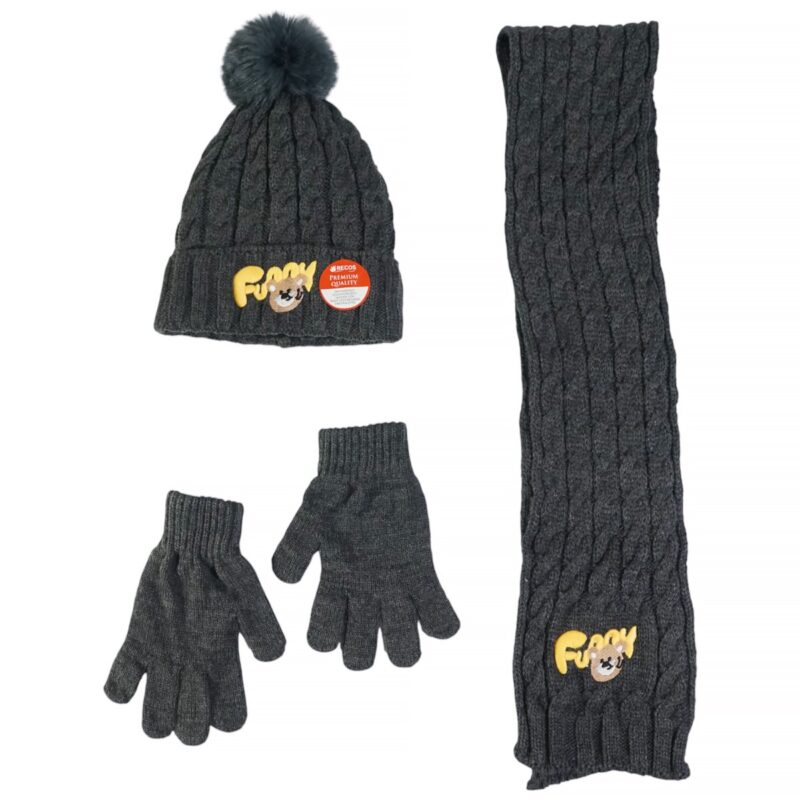 Recos πλεκτό σετ γκρι για αγόρι, σκούφος-κασκόλ-γάντια