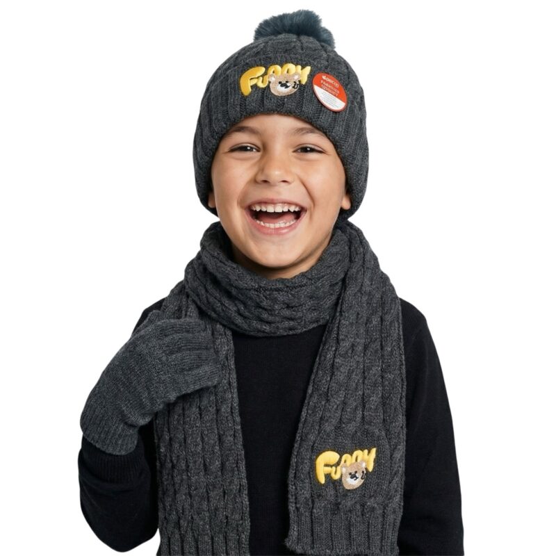 Recos πλεκτό σετ σκούφος-κασκόλ-γάντια «Grey Funny Bunny»