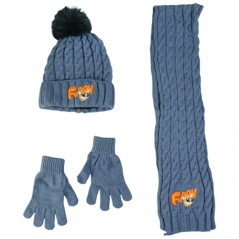 Recos πλεκτό σετ μπλε για αγόρι, σκούφος-κασκόλ-γάντια