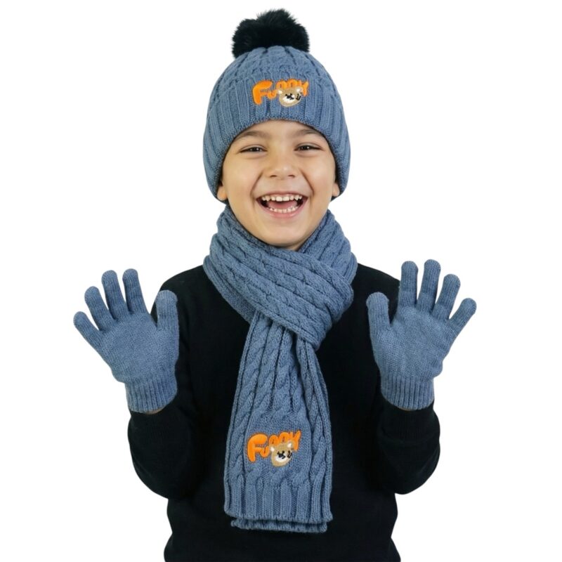 Recos πλεκτό σετ σκούφος-κασκόλ-γάντια «Blue Funny Bunny»
