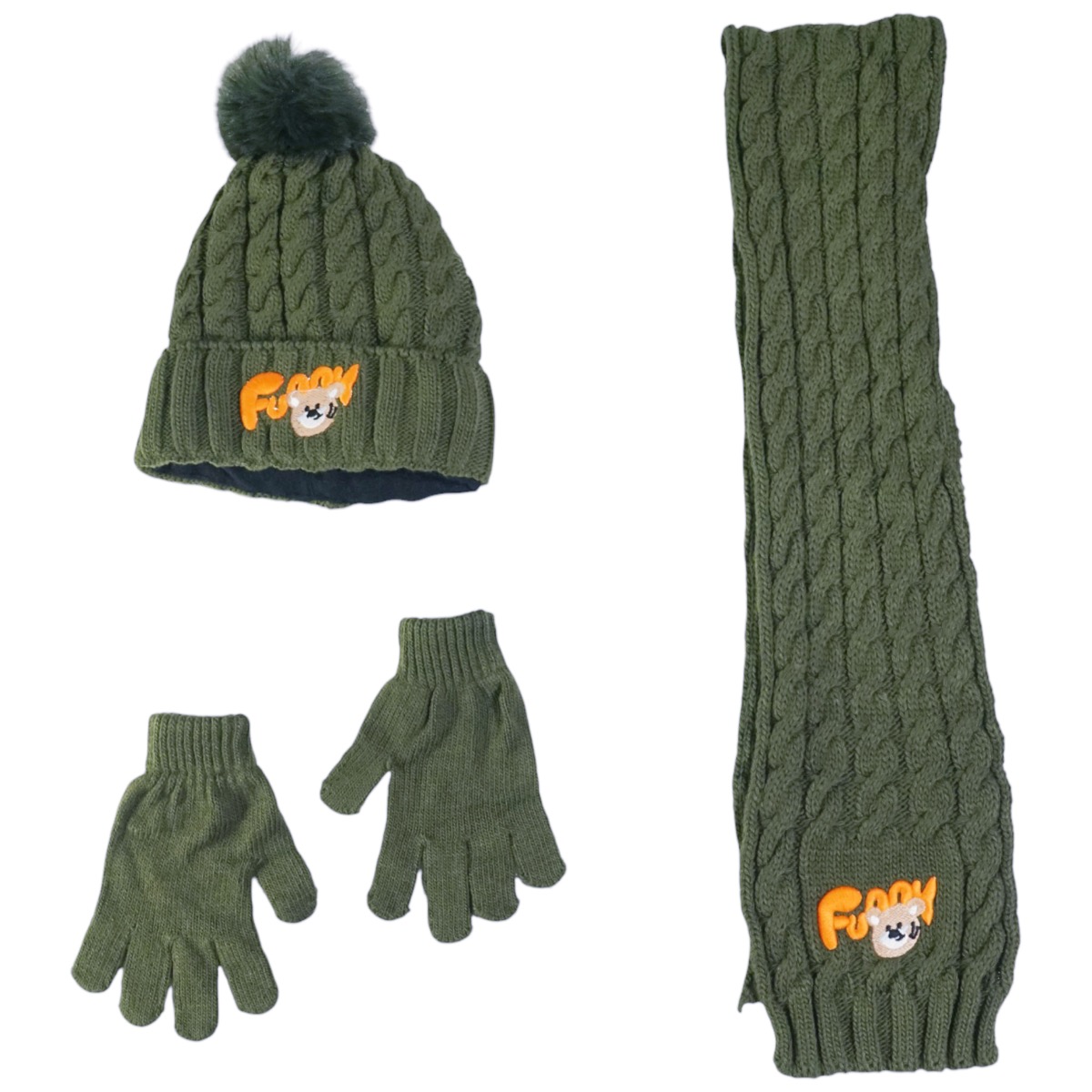 Recos πλεκτό σετ πράσινο για αγόρι, σκούφος-κασκόλ-γάντια