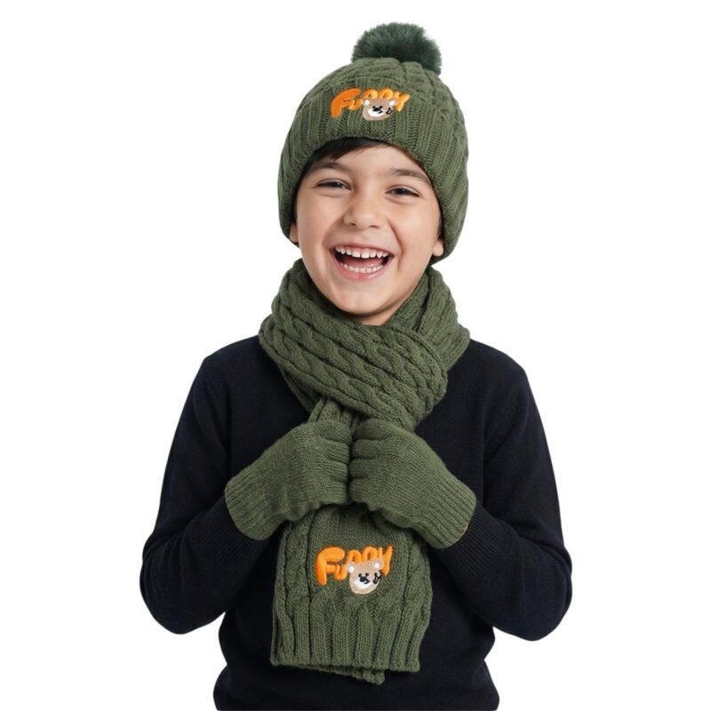 Recos πλεκτό σετ σκούφος-κασκόλ-γάντια «Green Funny Bunny»