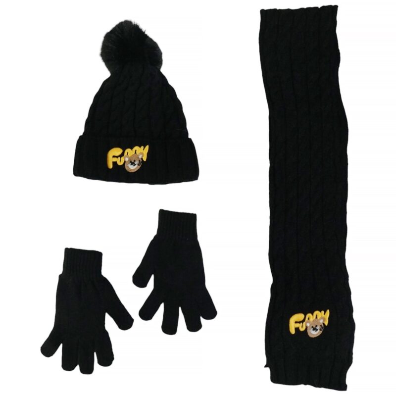 Recos πλεκτό σετ μαύρο για αγόρι, σκούφος-κασκόλ-γάντια