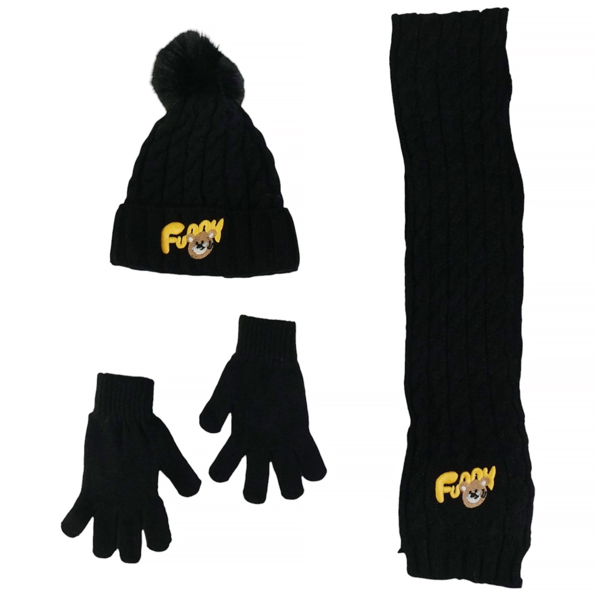 Recos πλεκτό σετ μαύρο για αγόρι, σκούφος-κασκόλ-γάντια