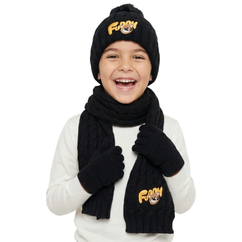 Recos πλεκτό σετ σκούφος-κασκόλ-γάντια «Black Funny Bunny»