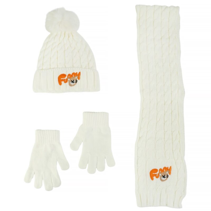 Πλεκτό σετ Recos Ecru Funny Bunny για κορίτσι με σκούφο, κασκόλ και γάντια