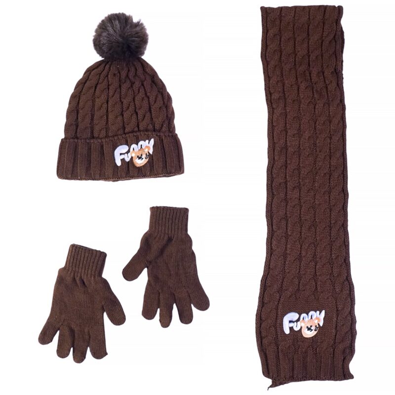 Πλεκτό σετ Recos Brown Funny Bunny για αγόρι με σκούφο, κασκόλ και γάντια