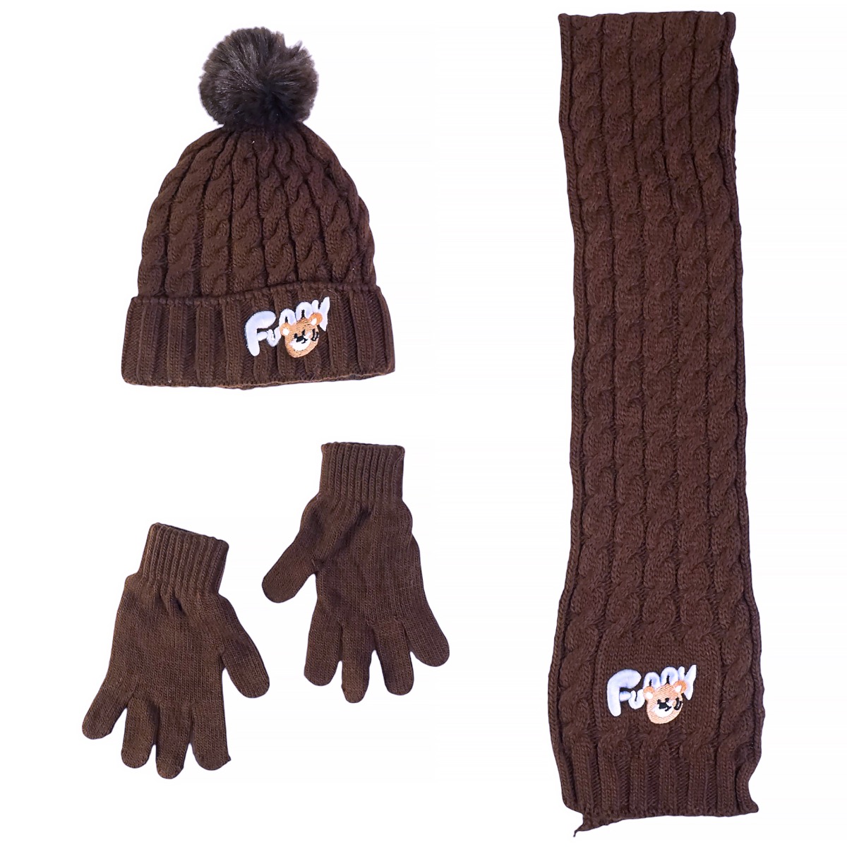 Πλεκτό σετ Recos Brown Funny Bunny για αγόρι με σκούφο, κασκόλ και γάντια