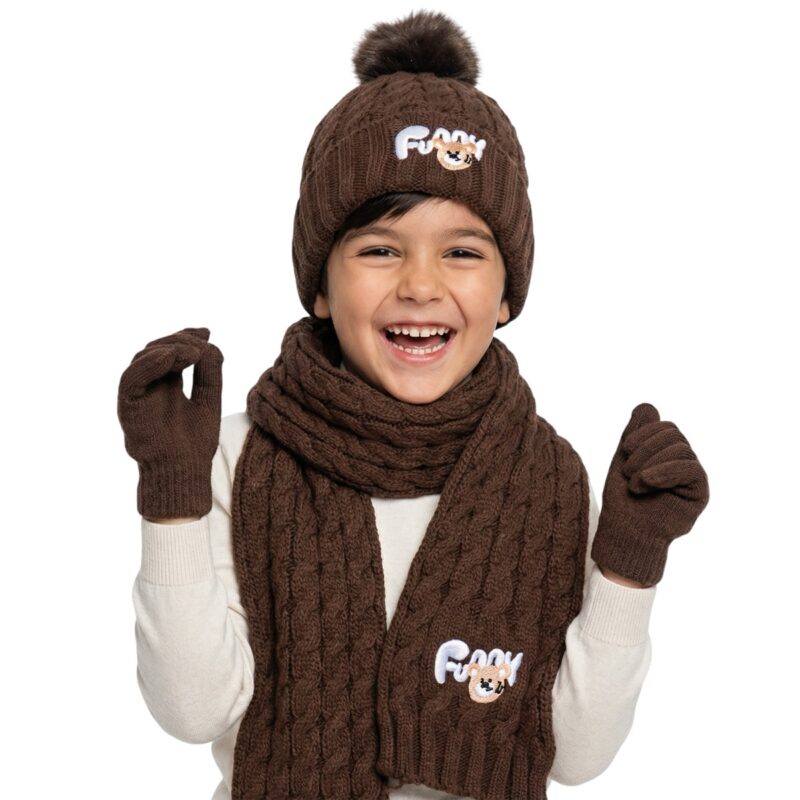 Recos πλεκτό σετ σκούφος-κασκόλ-γάντια «Brown Funny Bunny»