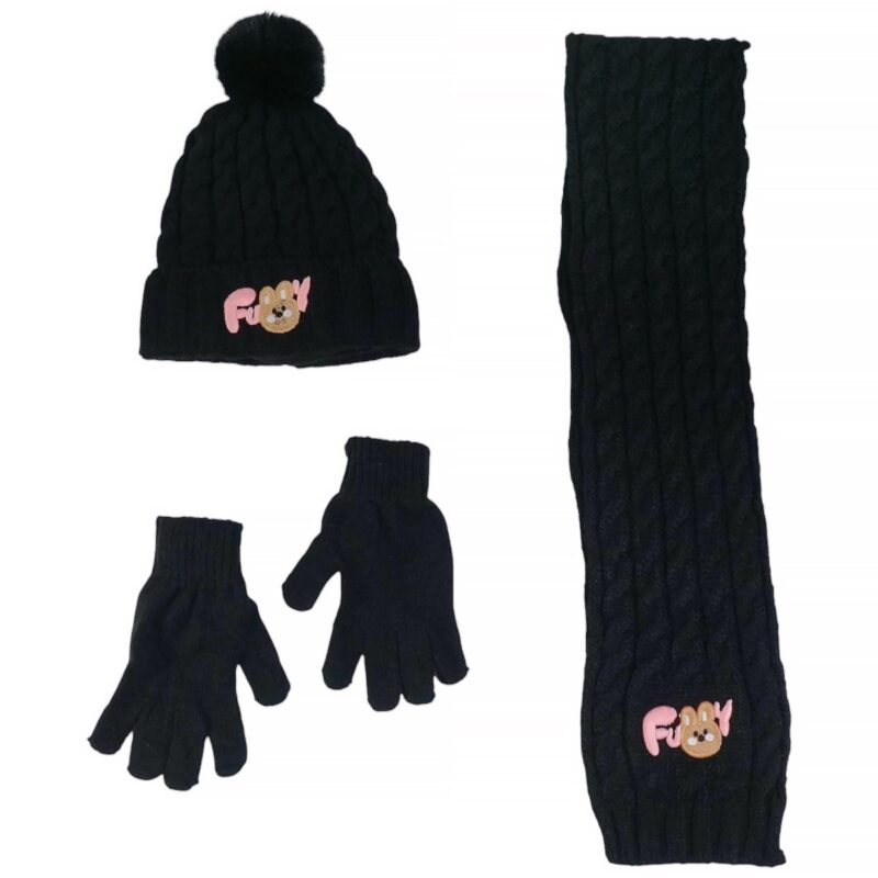 Πλεκτό σετ Recos Black Pink Funny Bunny για κορίτσι με σκούφο, κασκόλ και γάντια