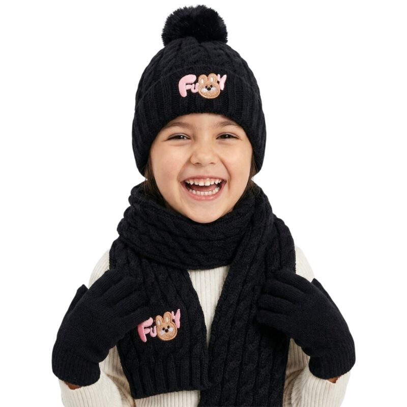 Recos πλεκτό σετ σκούφος-κασκόλ-γάντια «Black and Pink Funny Bunny»