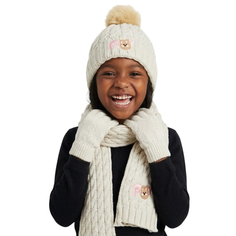 Recos πλεκτό σετ σκούφος-κασκόλ-γάντια «Beige Funny Bunny»