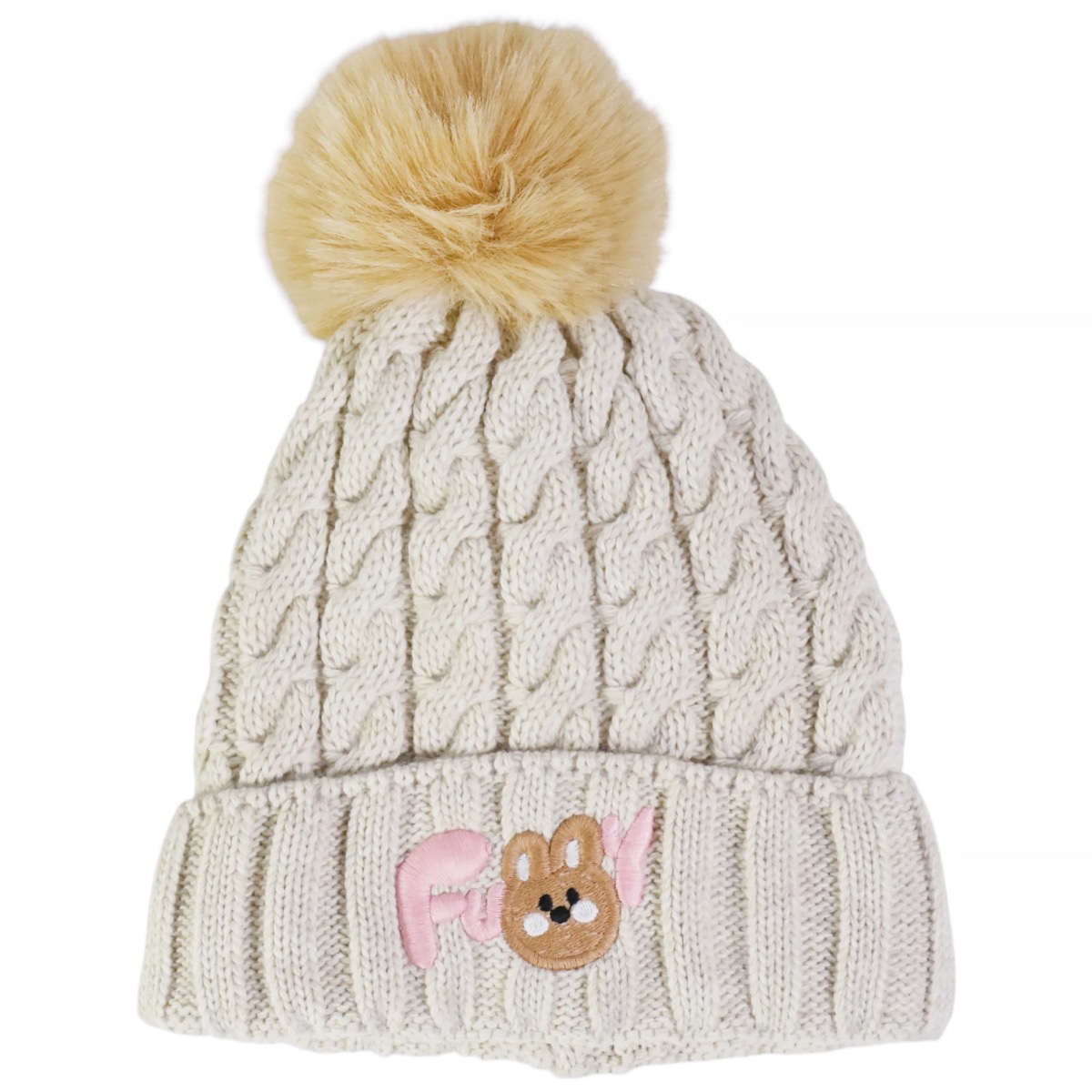 Σκούφος Recos Beige Funny Bunny για κορίτσι με χαριτωμένο απλικέ σχέδιο και φούντα