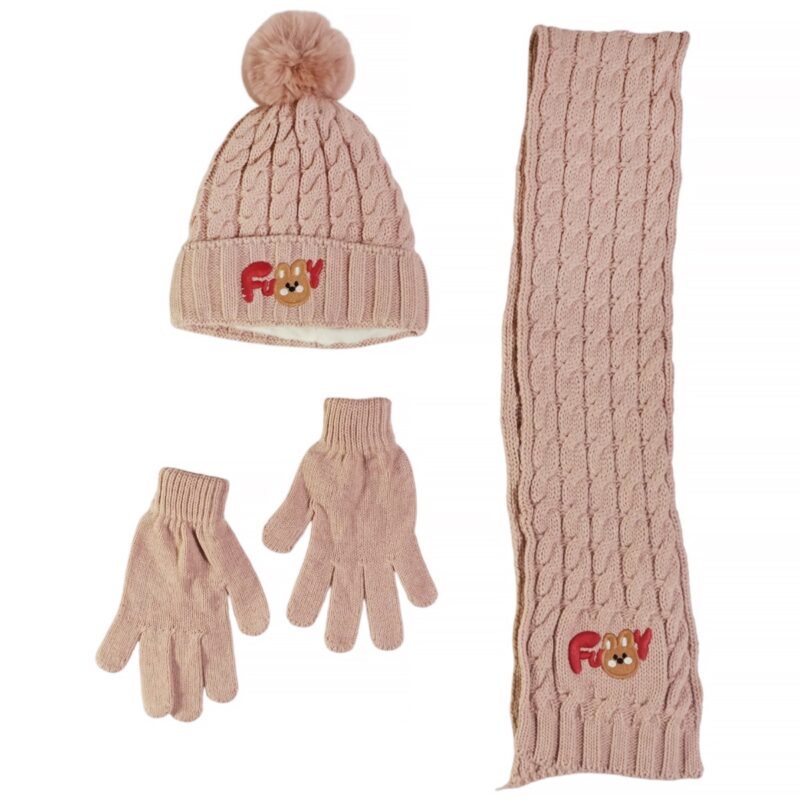 Πλεκτό σετ Recos Salmon Funny Bunny για κορίτσι με σκούφο, κασκόλ και γάντια