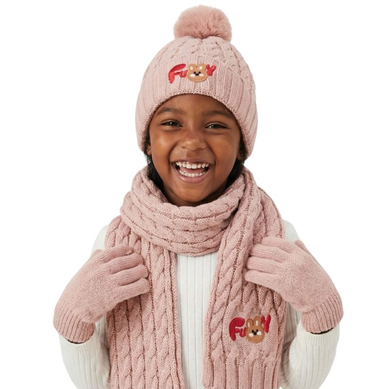 Recos πλεκτό σετ σκούφος-κασκόλ-γάντια «Salmon Funny Bunny»