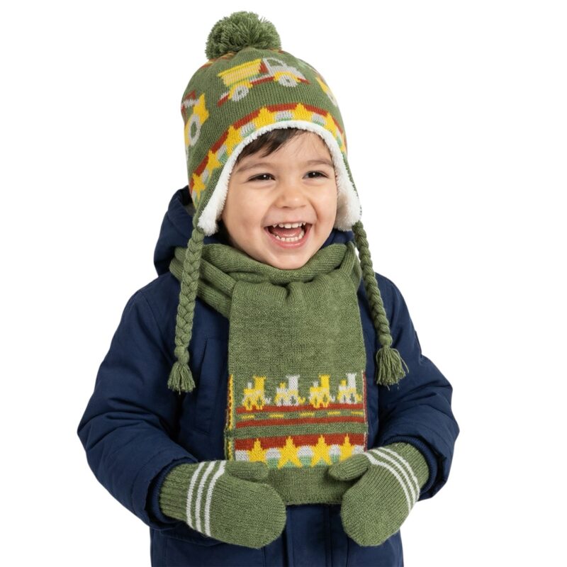 Tidi Kids πλεκτό σετ σκούφος-κασκόλ-γάντια «Green Cars»